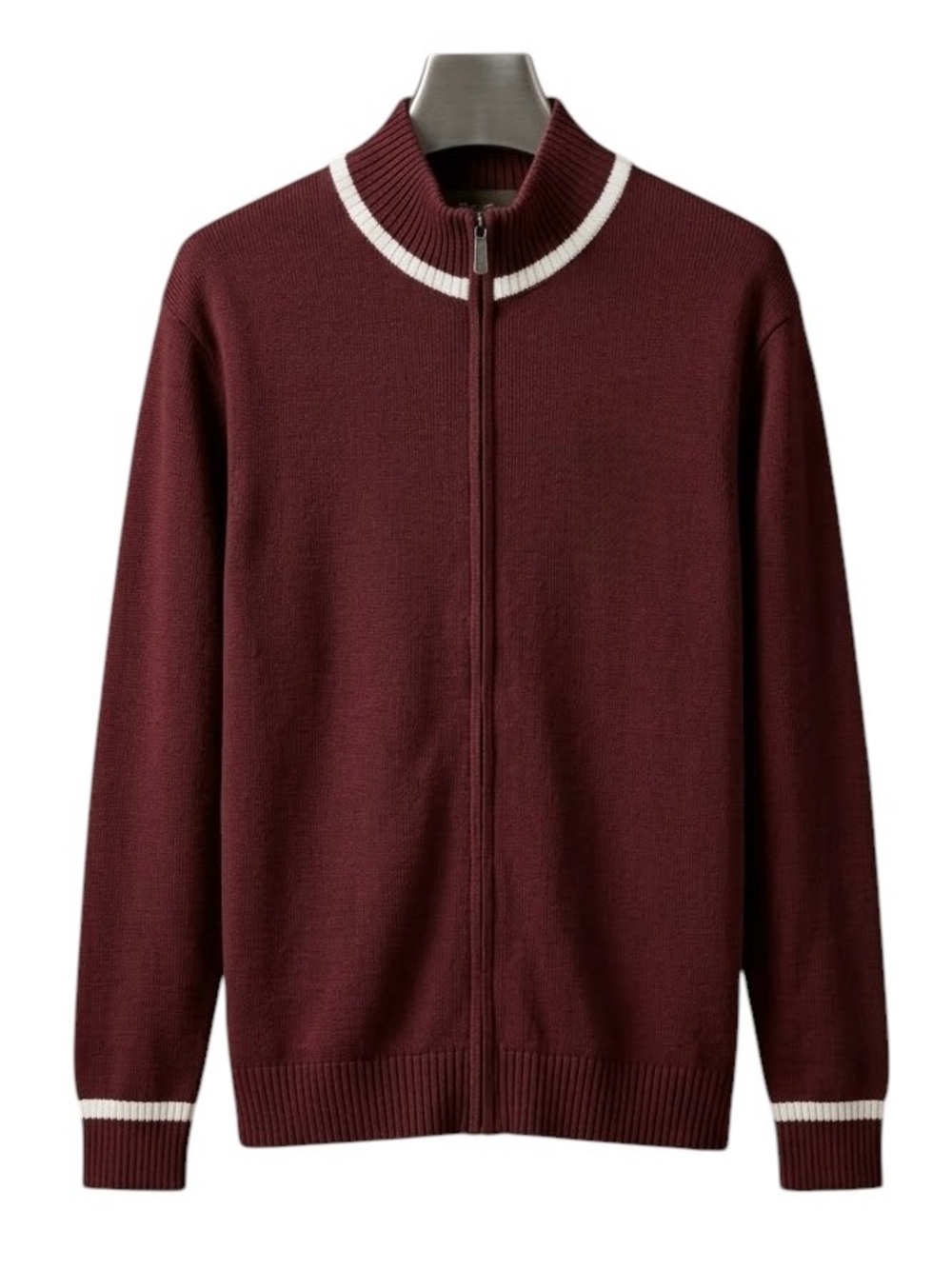 Eddie Bauer Full-Zip 100% Cotton Burgundy Sweater with White Trim Size Medium